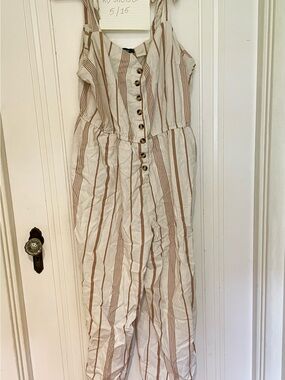 Modcloth Cream and Brown Striped Button-Front Jumpsuit